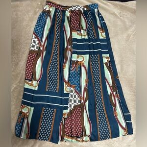 Zara A-Line Maxi Pleaterd Skirt with Blue and Brown Pattern